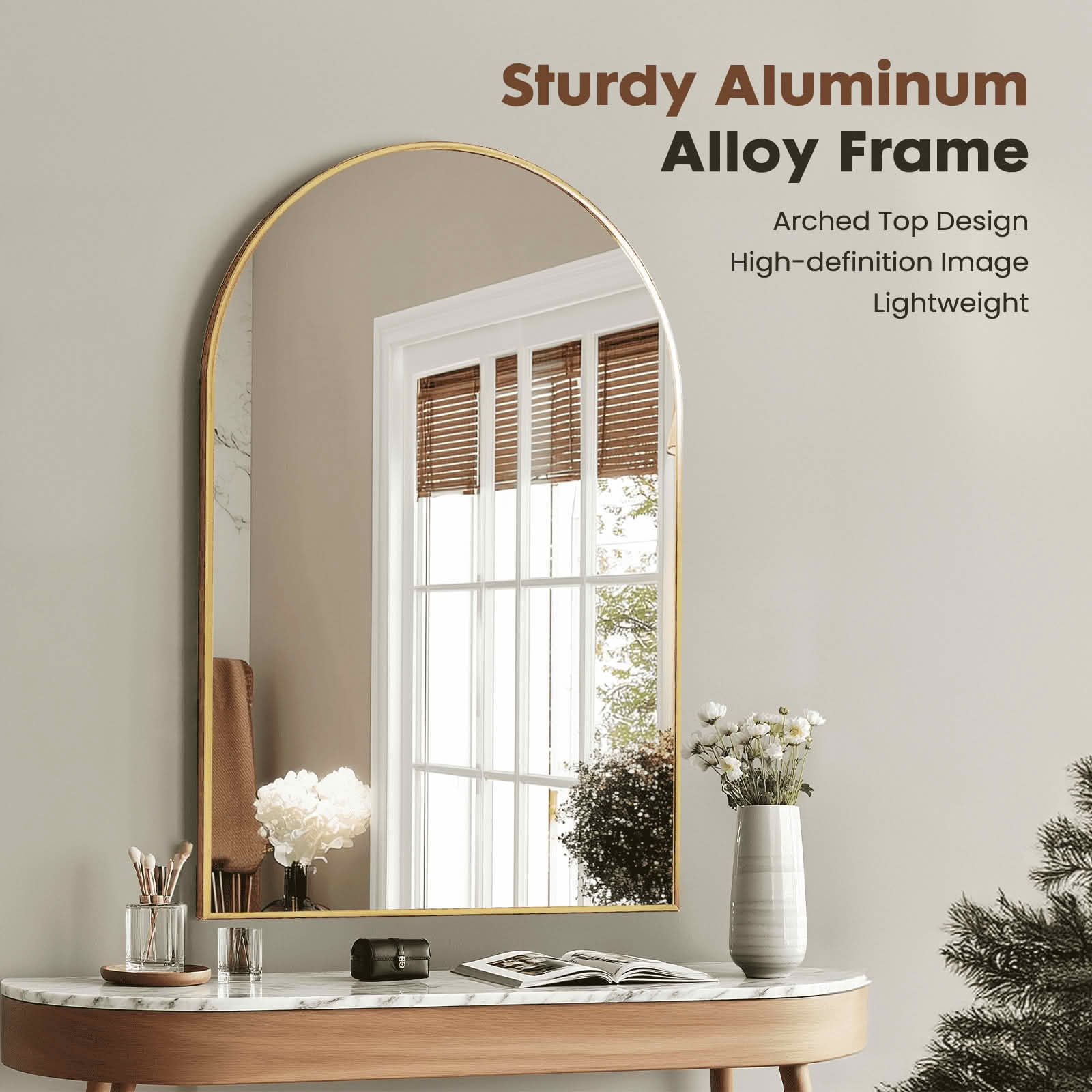 MAYEERTY 26"x38" Arched Bathroom Wall Mirror, Metal Frame, Bedroom Entryway Living Room，Gold