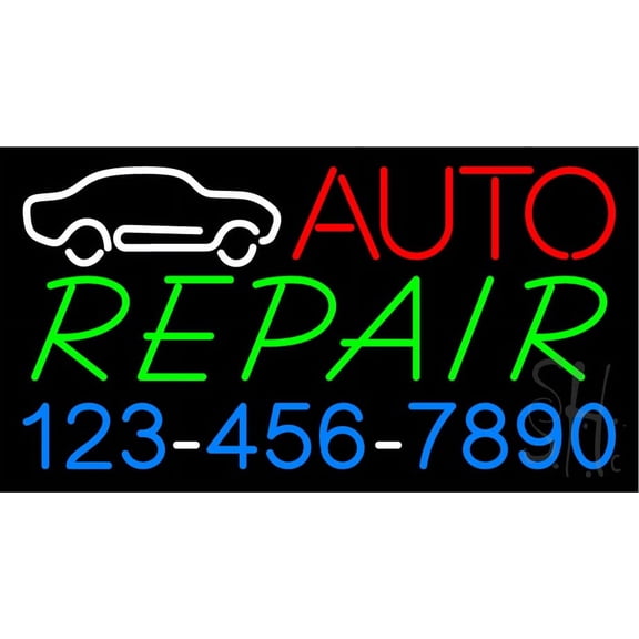 Auto Repair with Phone Number LED Neon Sign 13 x 24 - inches, Clear Edge Cut Acrylic Backing, with Dimmer - Bright and Premium built indoor LED Neon Sign for automotive store, and mall.