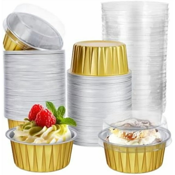 200 Pcs 5oz Aluminum Cups Baking Cups, Cupcake Liners, Disposable Muffin Tins with Lids, Moldes Para Flan Disposable Cake Containers with Lids, Flan Molds for Baking Cupcake Tin Wedding (Gold)