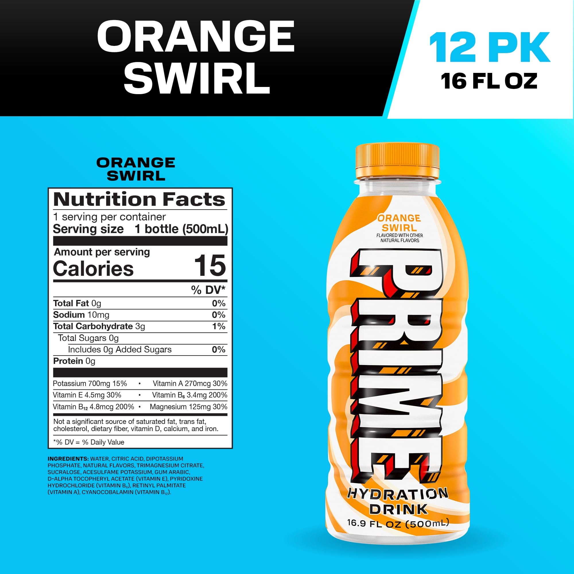 Prime Hydration Sports Drink, Orange Swirl, 16.9 fl oz, Bottle