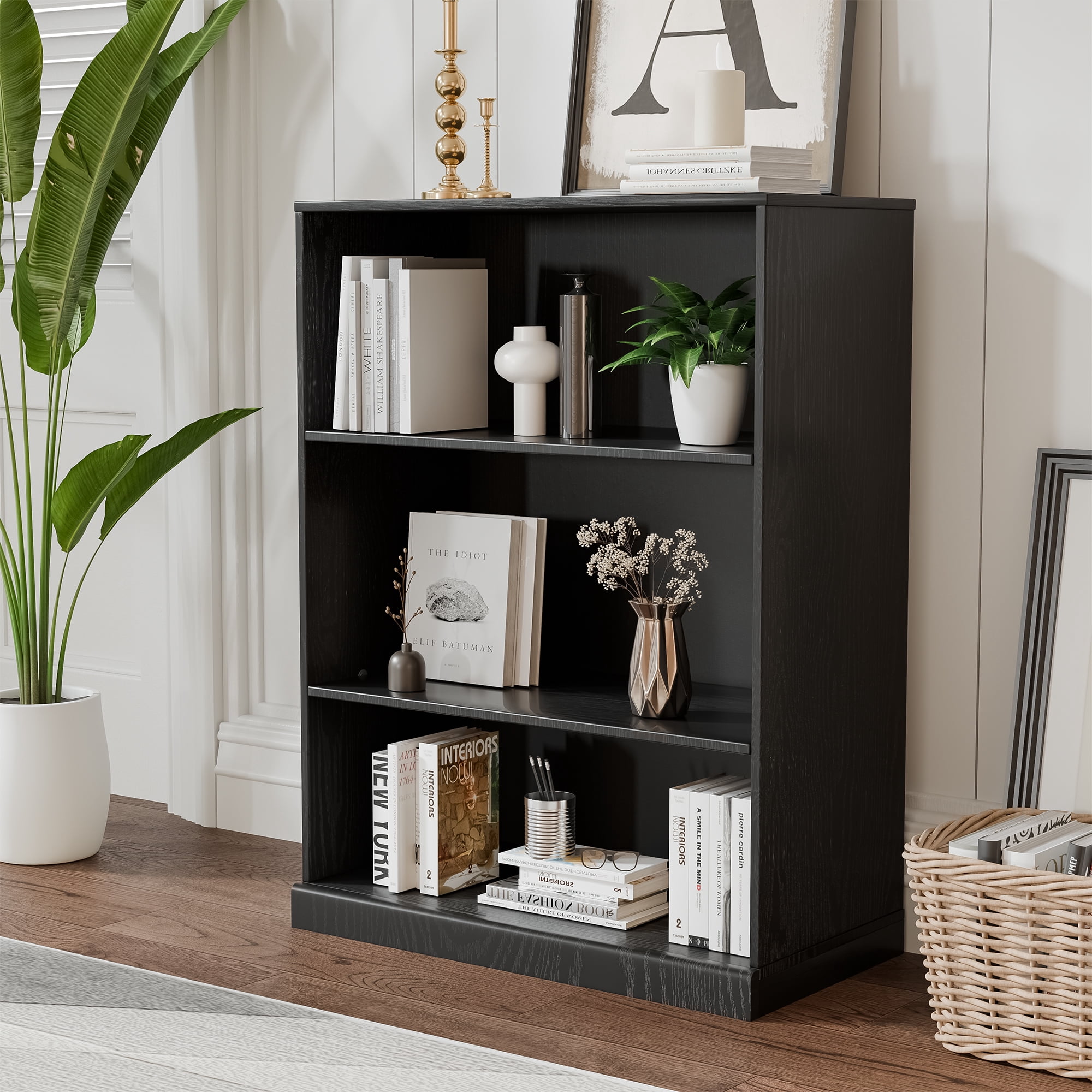 MAYEERTY 3-Shelf 16*31*41"Black Wood Grain Bookcase with Adjustable Shelves, Durable Storage for Home or Office