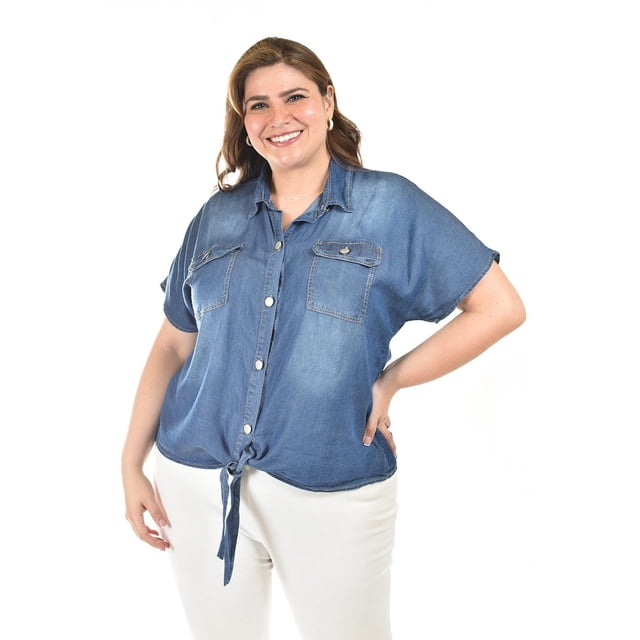 Blusa de mezclilla con nudo Roman Fashion /Tallas Extras, 5116 (Mezclilla dark) azul 40