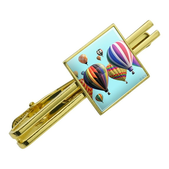 Hot Air Balloons Lined Up Square Tie Bar Clip Clasp Tack- Silver or Gold