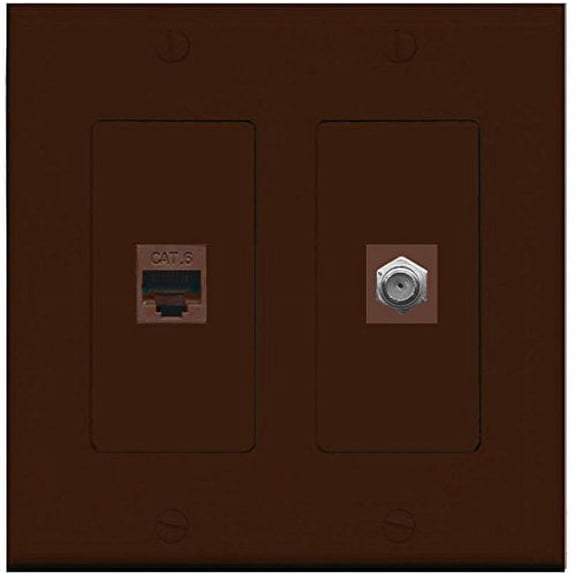 RiteAV - 1 Port Coax Cable TV- F-Type 1 Port Cat6 Ethernet Dual Gang Wall Plate - Brown