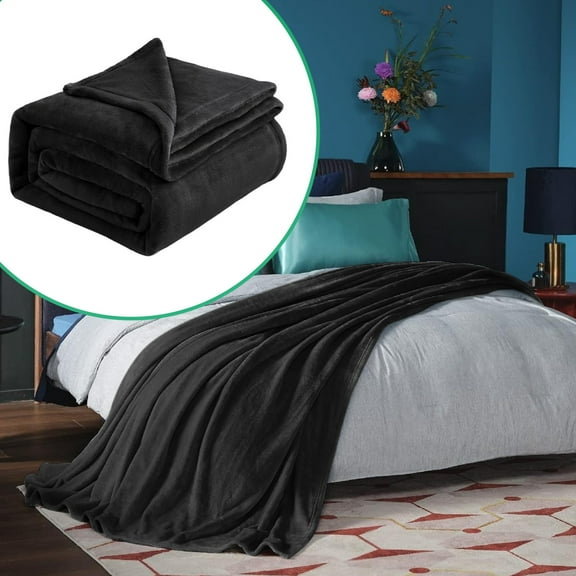 Lssam Twin Fleece Blanket Black, Ultra Soft & Cozy Plush Flannel Throw, Reversible Warm Fuzzy Blanket for Bed, Couch, Sofa, Winter Camping Travel Gift