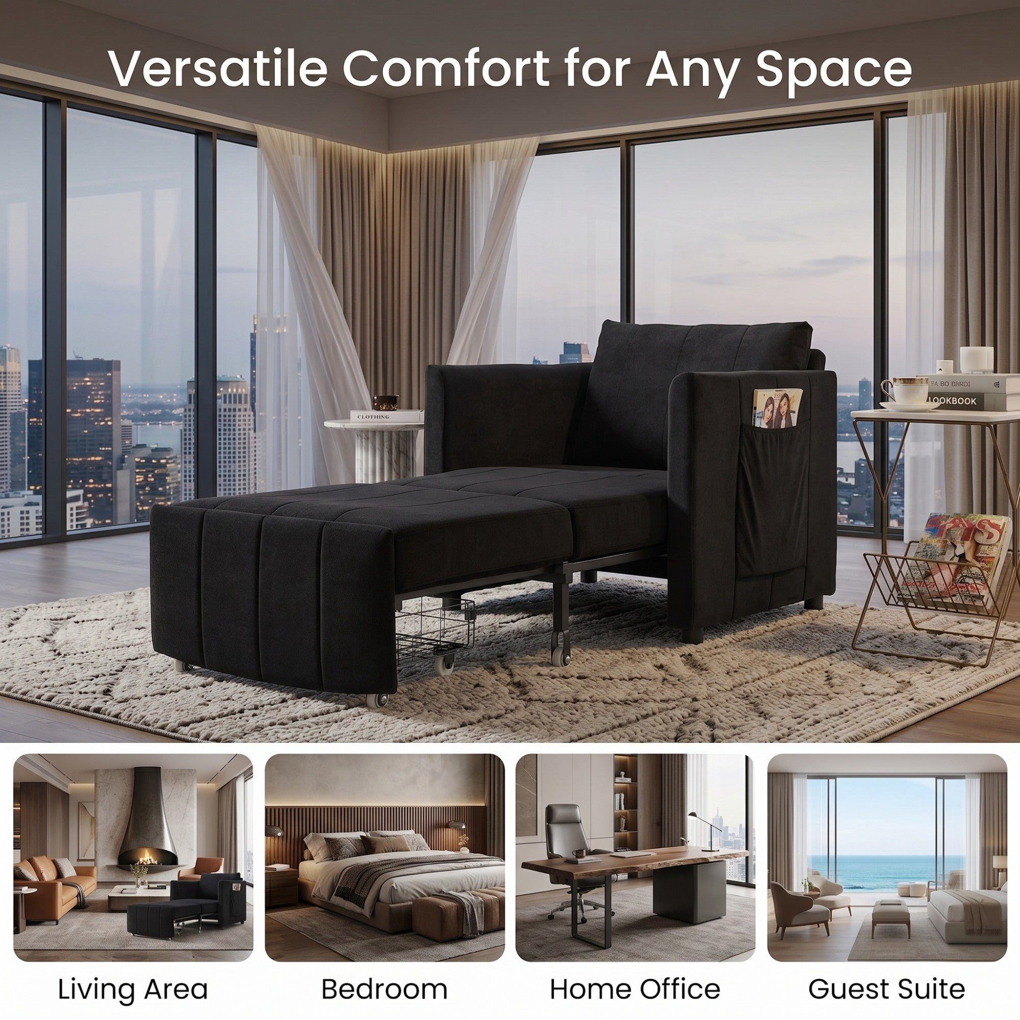 Sailvan 31.5" Convertible Pull Out Sofa Bed, Adjustable Chenille Sleeper Chair with Storage Black