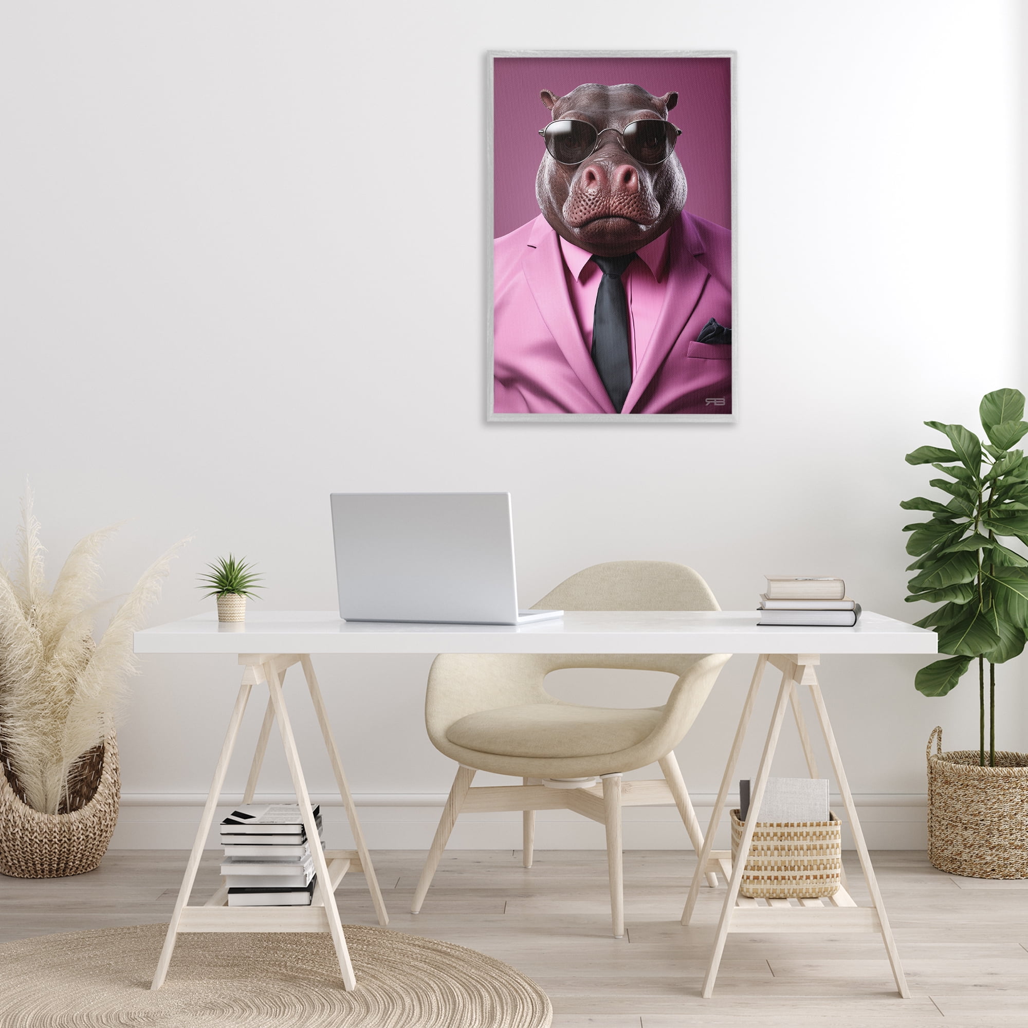 Stupell Industries Strong Hippo Purple Suit Animals & Insects Painting Gray Framed Art Print Wall Art, 20 x 30