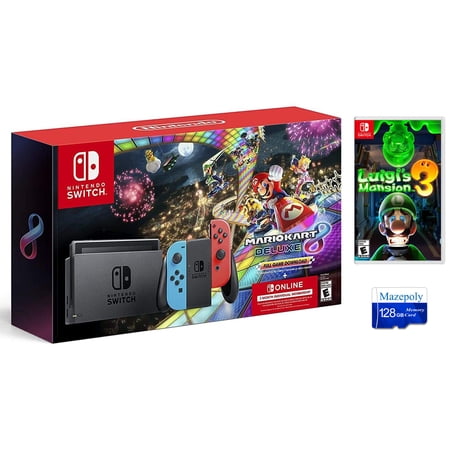 Nintendo Switch Joy-Con Neon Blue/Red Console Bundle: Mario Kart 8 Deluxe Full Game Download | 3 Months Nintendo Switch Online Membership | Luigi's Mansion 3 with Mazepoly 128GB Memory Card