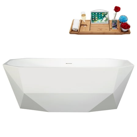 63" Streamline B-504-232-PBR Soaking Glossy White Freestanding Tub and Tray With Internal Drain in Polished Brass