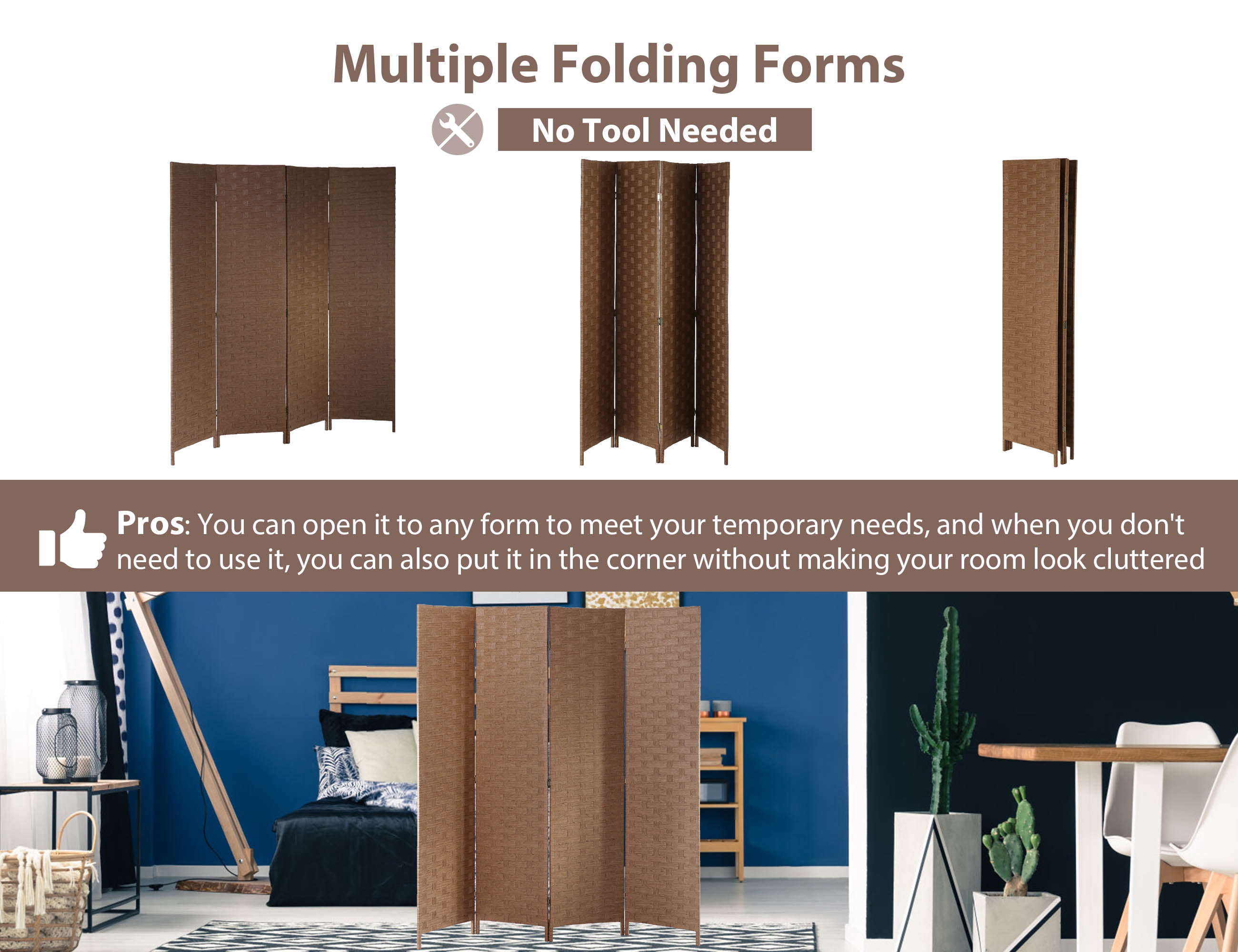 YRLLENSDAN Partition Room Dividers with 4 Panels, Wood Folding Privacy Screen for Room Portable Room Divider Screen Freestanding Decorative Privacy Dressing Screen for Bedroom, Living Room, Office