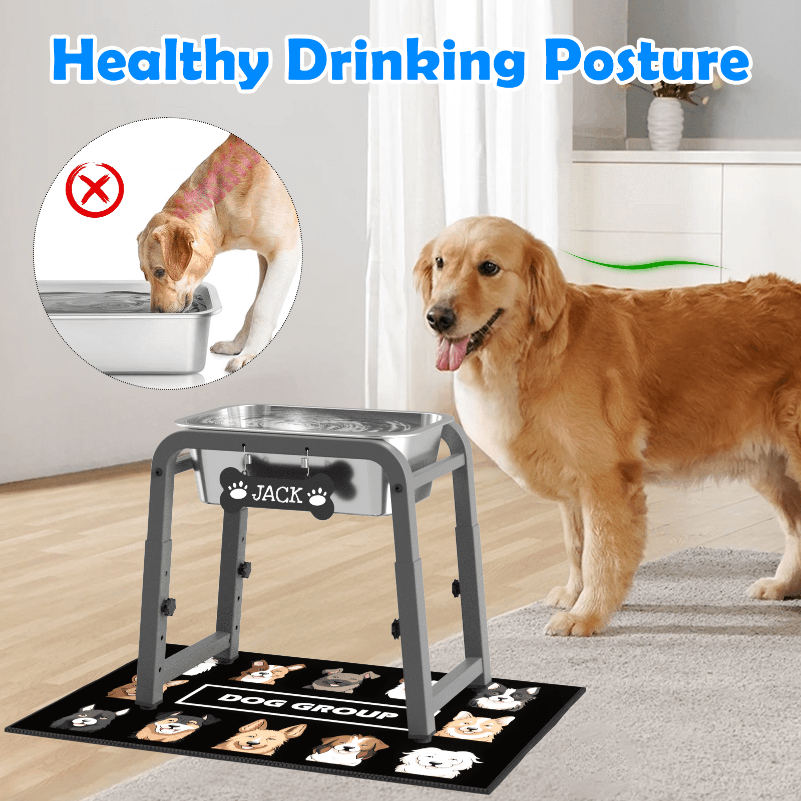 1.2 Gallon Elevated Dog Water Bowls for Large Dogs, 4 Adjustable Heights, Raised Dog Water Stand with Mat