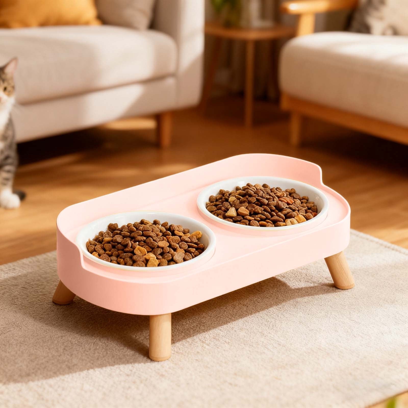 Elevated Ceramic Cat Dog Food Water Bowls Set AntiâVomiting Slow Feeder Raised Feeding Station Nonâ Base Pet Feeder Bowls for Small Medium Large Indoor Cats Dogs Pink