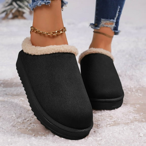 RUIYANQI Women's Faux Fur Lined Slippers Slip On Design Platform Heel Footwear Warm Cozy House Shoes Trendy Fashion Winter Indoor Slippers Black Women Sandals