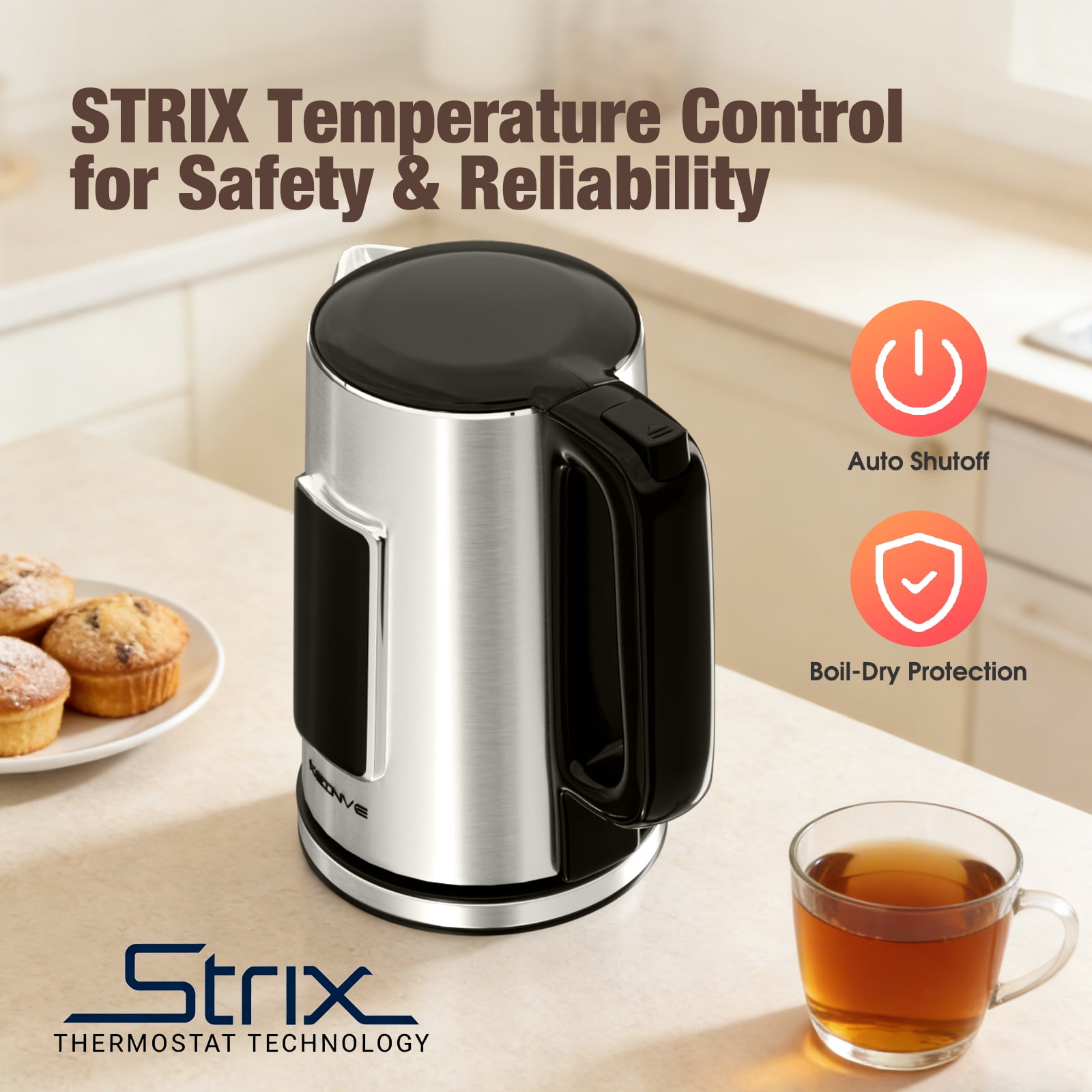 1.7L Electric Kettle, Touch Screen Water Boiler, No Plastic Interior, Double Wall, 6 Preset Temperatures, Fast Boil, and STRIX Control