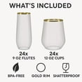 thumbnail image 2 of 48 Pack Ribbed Plastic Glasses, 24 9 Ounce Stemless Champagne Flutes & 24 12 Ounce Cups, BPA-Free Disposable Shatterproof Toasting Glasses for Weddings, Bars, and Events (Gold Rim), 2 of 9