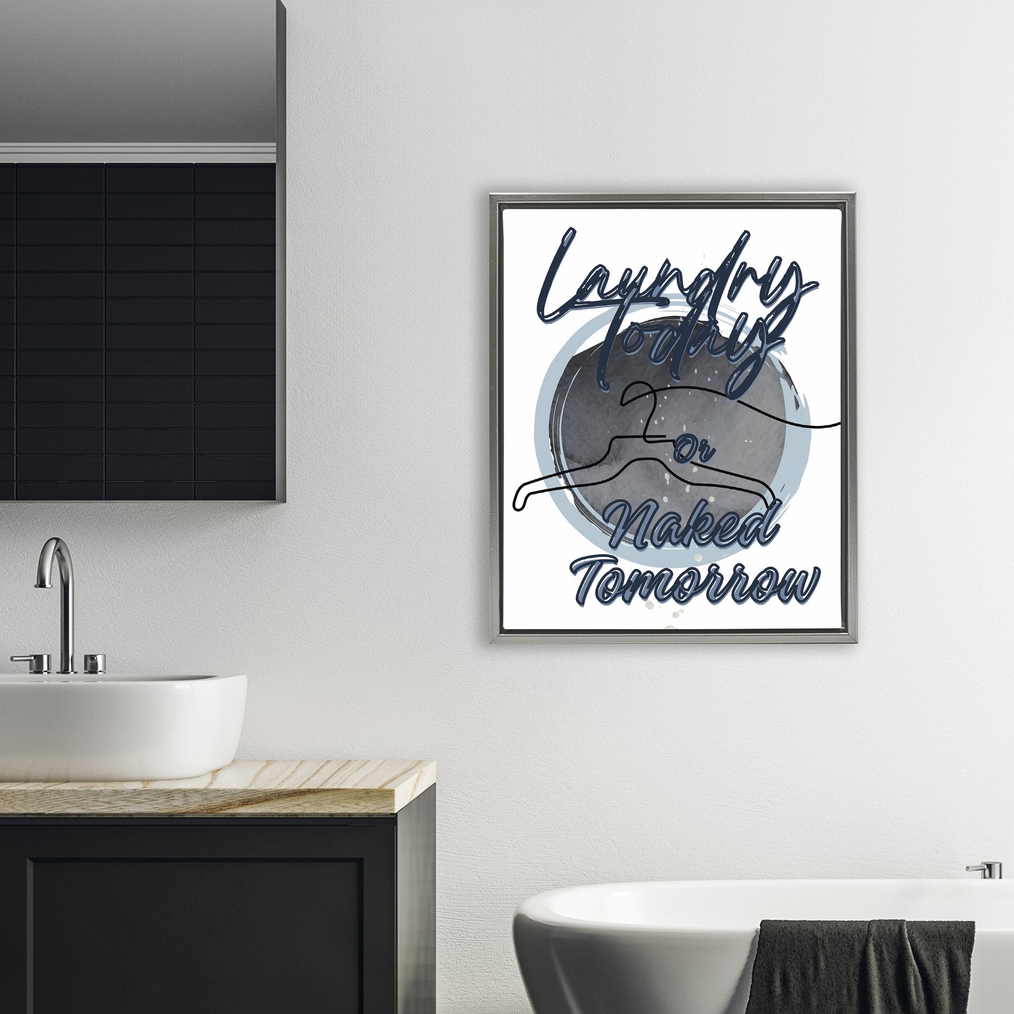 Laundry Phrase with Hanger Contour Gray Framed Floater Canvas Wall Art, design by Jesse Keith