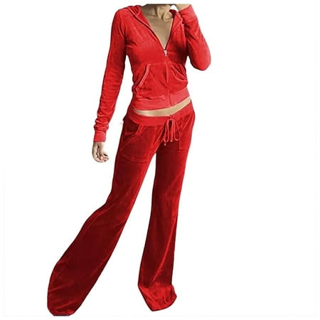 vigerkar Tracksuit Womens Two Piece Lounge Set Long Sleeve Zip up Hooded Jacket Wide Leg Pants Y2k Sweatsuit Set (Red XXL)