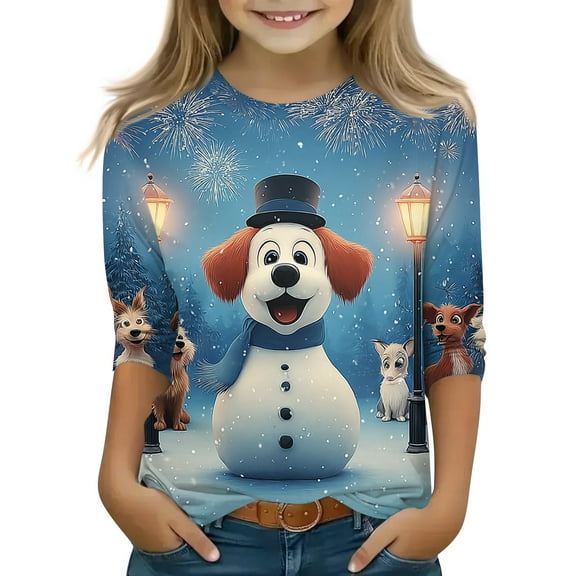 Abcomgle Girls Christmas Shirts Size 6 Cute Dog Snowman Firework Tshirts for Girls Crewneck 3/4 Sleeve Tshirts for Kids Fall Funny Cute Tee Top Girls,8-9 Years