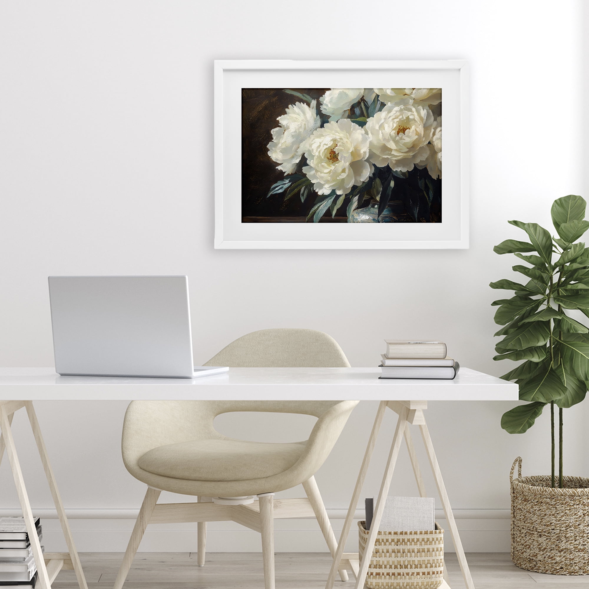Stupell Industries Large Moody White Floral White Framed Print Under Glass, design by Petal Prints Design