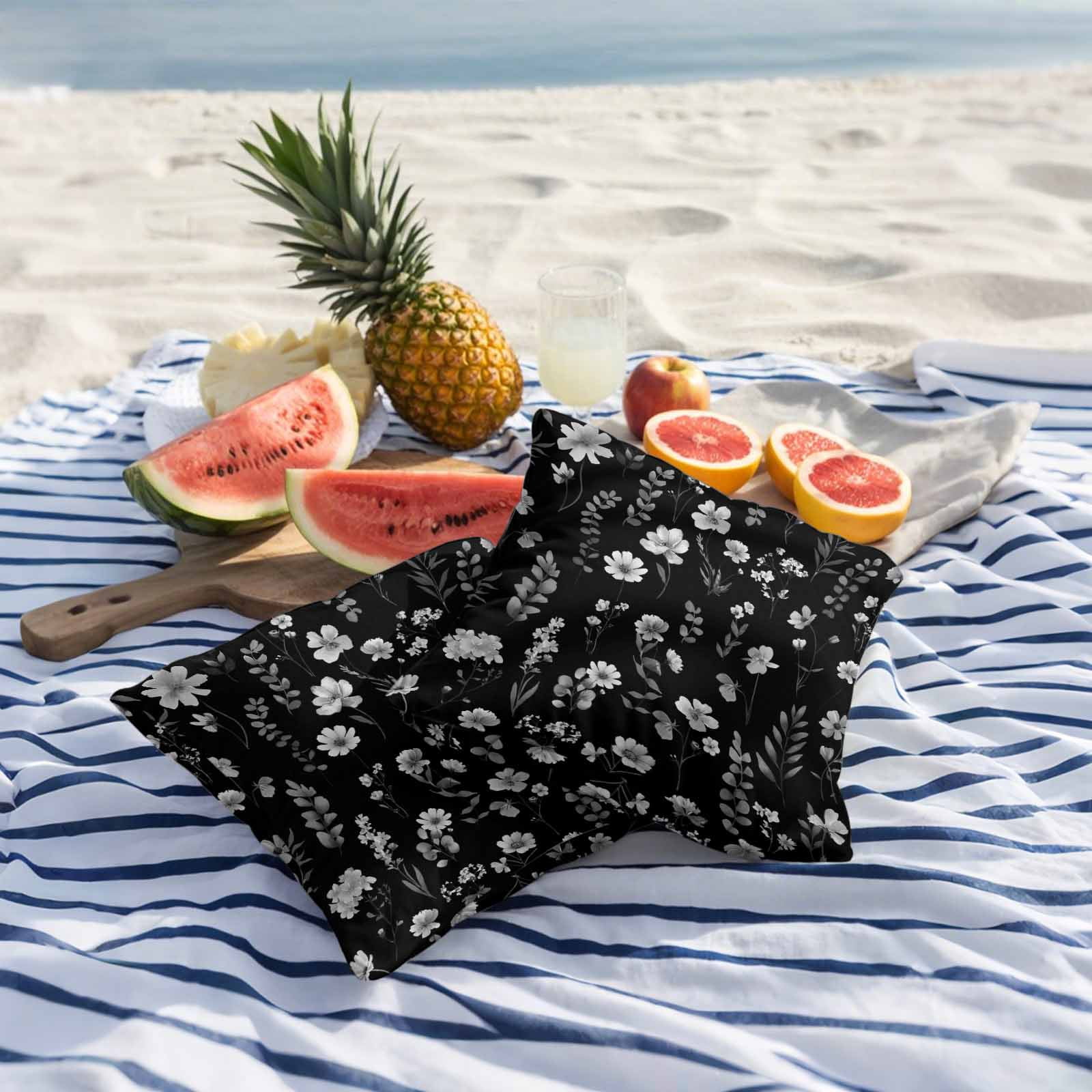 Outdoor Waterproof Throw Pillow Covers Set of 2 Black Wildflowers Decorative Pillowcases Square Outdoor Pillows Cushion Case 18x18 Inch Spring Floral Leaves Patio Pillows for Couch Sofa Bed Garden