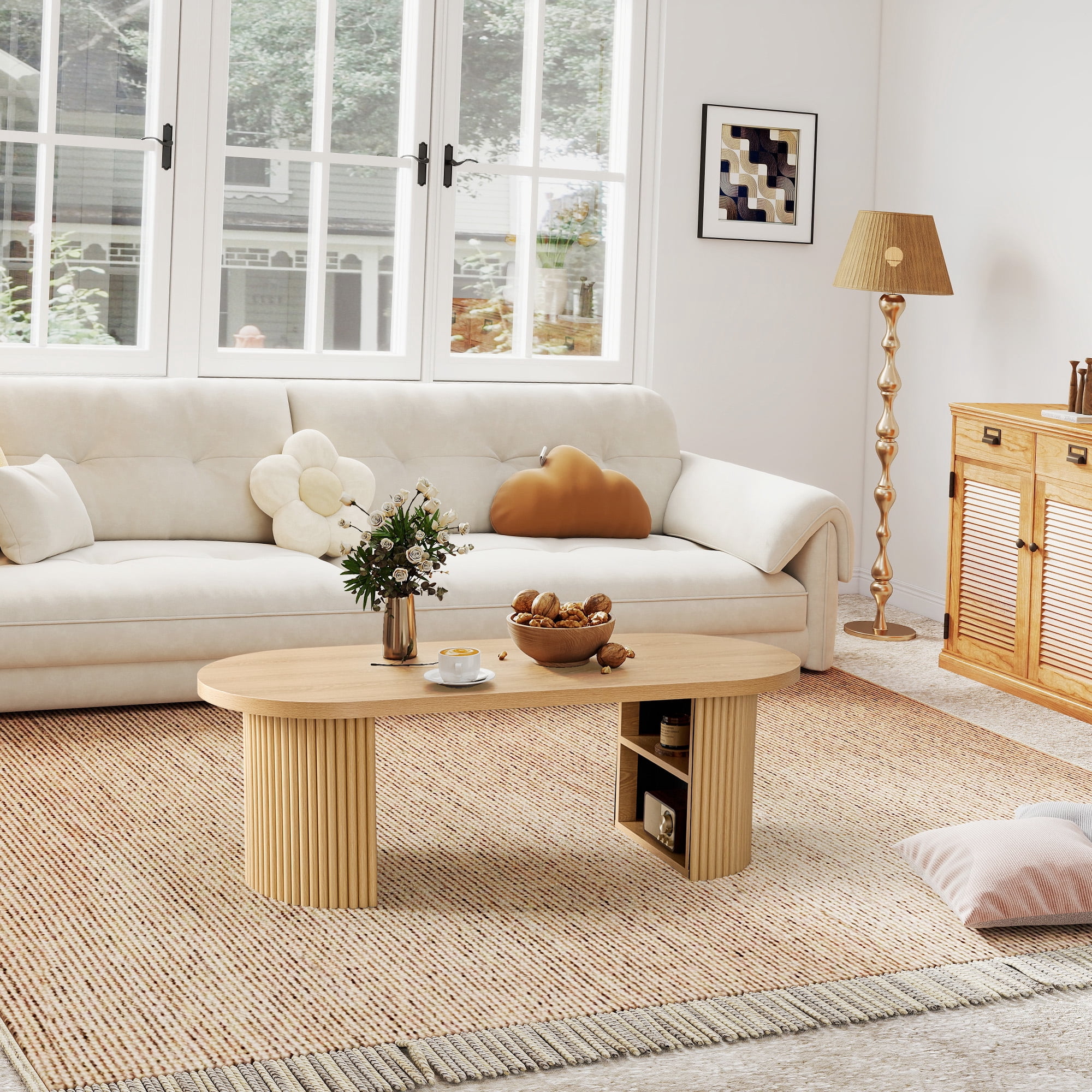 Wirrytor Mid-Century Oval Fluted Coffee Table with Hidden Storage, 47" Wood Center Table for Living Room, Natural