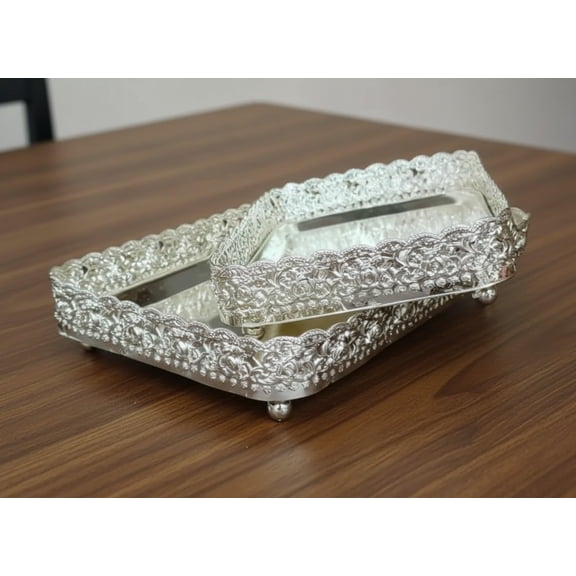 german silver set of 2 rectangle trays for serving/ pooja/ gift item