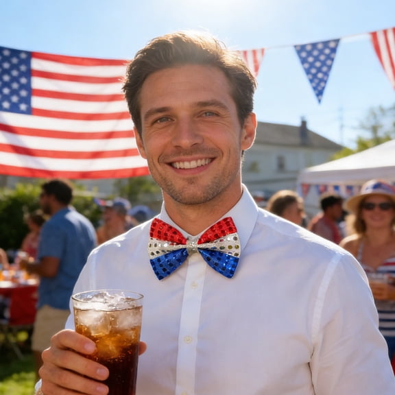 Patriotic Red White Blue Sequined Bow Tie American Flag Star Bow Accessory for Men Women Independence Day Celebration 4th of July Parade Celebration Costume Festival Gifts