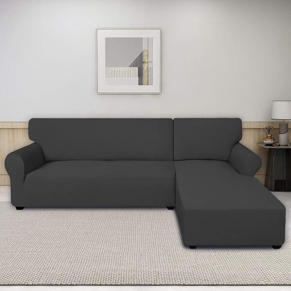 Super Stretch Sectional Couch Covers - 2 pcs Spandex Non Slip, with Elastic Bottom for L Shape Sectional Sofa Couches, Great for Kids & Pets (3 Seat Sofa   3 Seat Chaise, Dark Gray)