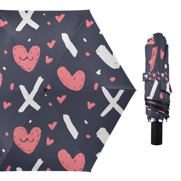 Hand Drawn Heart Compact Sun Umbrella Windproof Travel Umbrellas for Rain Strong Portable UV Protection