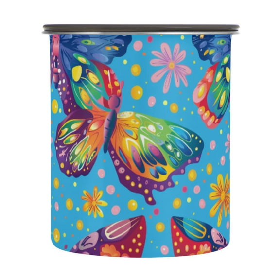 Rainbow Butterfly Airtight Coffee Bean Canister 30oz Food Storage Containers with Lids For Gournd, Tea, Sugar, Flour, Rice, Cereal, Candy Cookie Jar