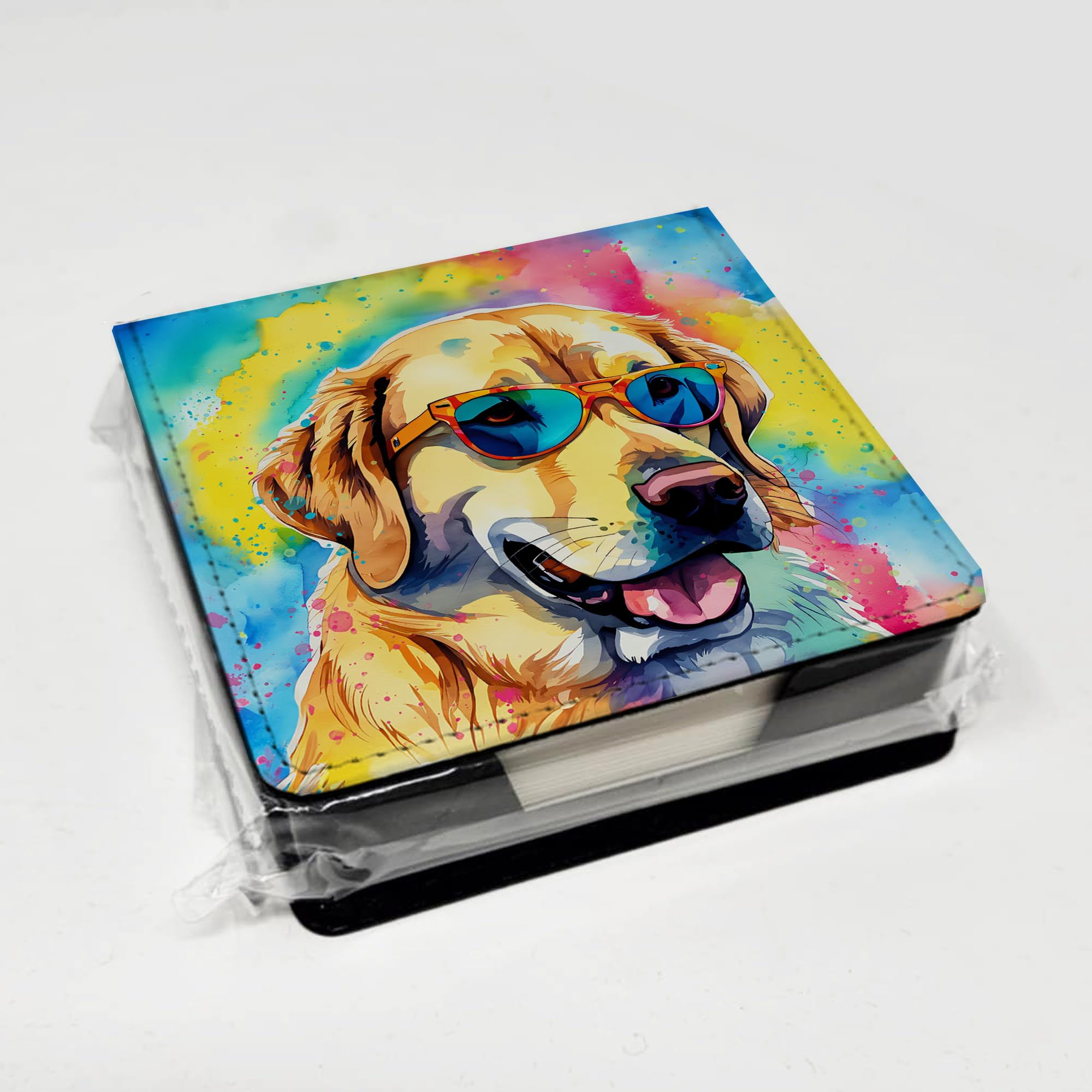 Caroline's Treasures Yellow Labrador Hippie Dawg PU Leather Note Paper Holder with Artist-Designed Cover, Desk Accessory, Office Gift