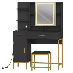 1 Iron, Mdf, Mirror, Led Light Hook Dressing Table With Stool