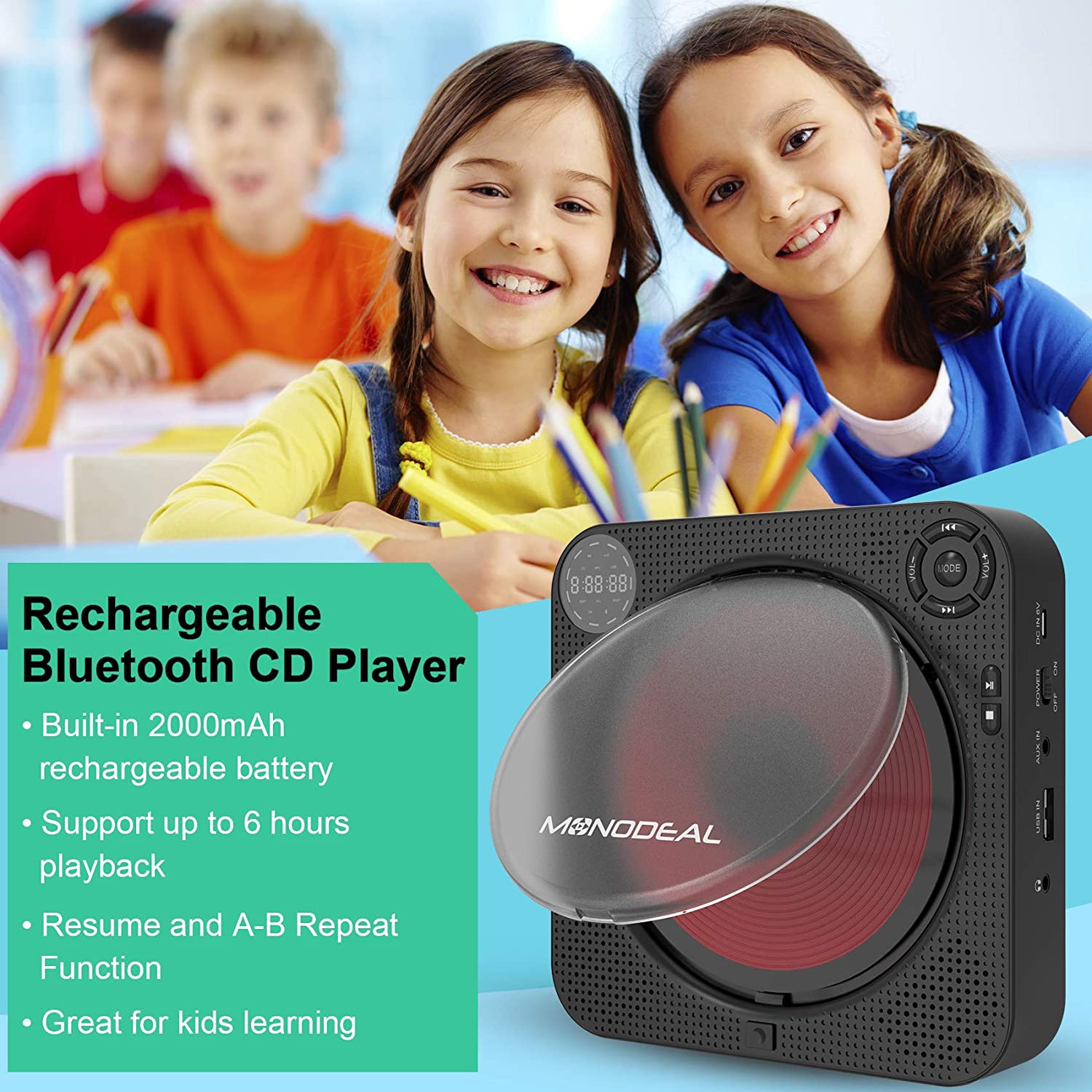 CD Player with Bluetooth, MONODEAL Portable Rechargeable CD Player with Built-in Speakers, Wall CD Player for Home, CD Player for Car and Outdoors (with Remote Control and Built-in FM Radio) - image 3 of 6