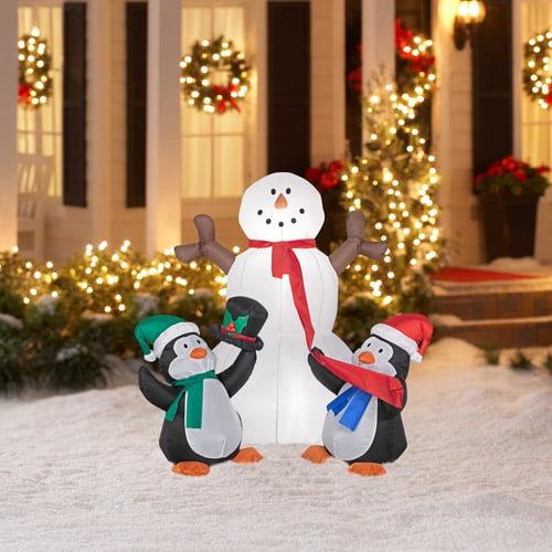 4 Tall Airblown Christmas Inflatable Snowman With Penguins Walmart Com Walmart Com