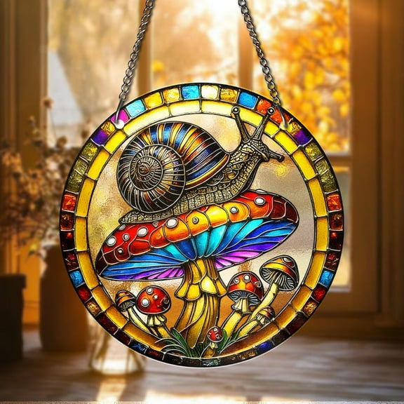 Snail on Mushroom STAINED GLASS Suncatcher Decor Whimsical Window Hanging Colorful Glass Art Boho Garden Decor Gift Home Decor Gifts Idea