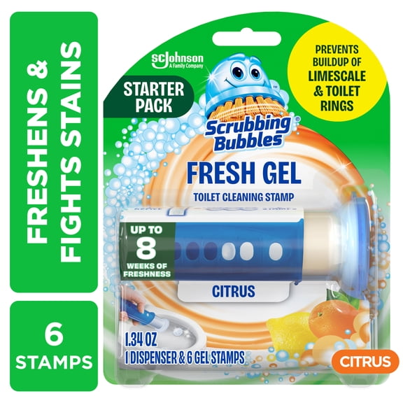 Scrubbing Bubbles Automatic Toilet Bowl Cleaner, Fresh Gel Cleaning Stamp, Citrus, Dispenser & 6 Gel Stamps