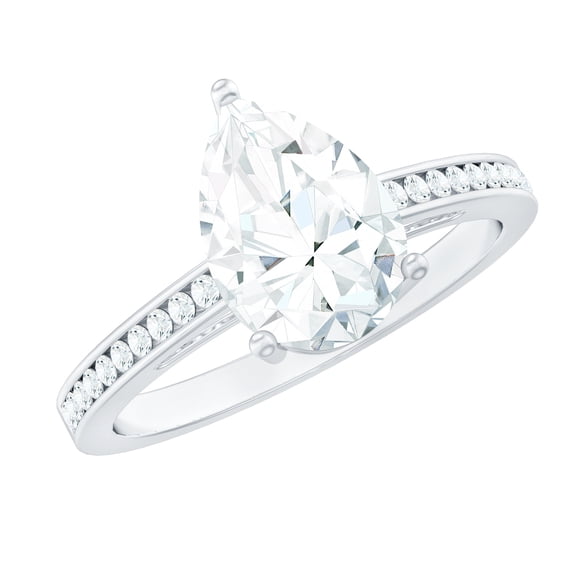Rosec Jewels Pear Moissanite Engagement Ring with Side Stones - 7X10 mm Teardrop Ring for Women - 2 Ct Ring - D-VS1 Grade, 925 Sterling Silver, US 4.00