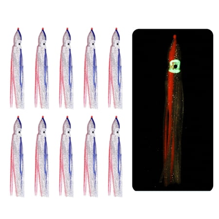 Fishing Squid Skirts Glow Soft Plastic Trolling Lures Luminous 4.7 x 0.5 Inch & 10 Pcs & Clear/Pink/Blue -Fitting for (Bass/Trout)