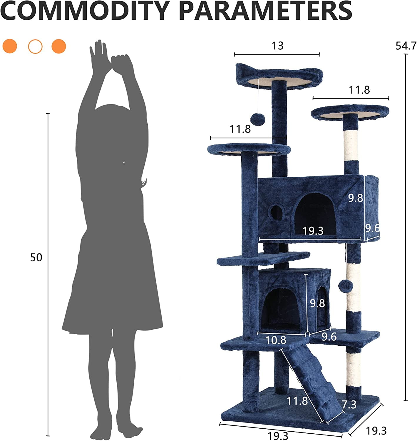 Bestpet 54-inch Cat Tree Tower, Standing House Cat Condo with Scratch Stay and Fun Toys, Navy Blue