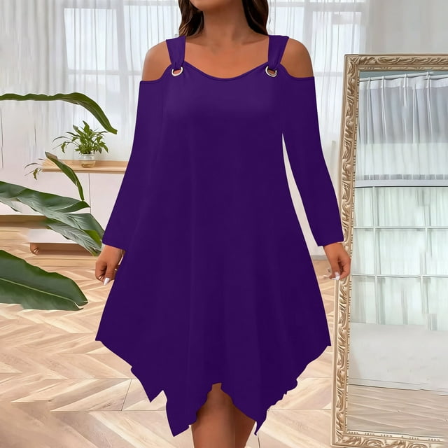 Robe à Épaules Dénudées pour Femme Grande Taille, Robe de Soirée Trapèze à Manches Longues en Tissu Extensible Doux, Robe de Fête Élégante de Couleur Unie