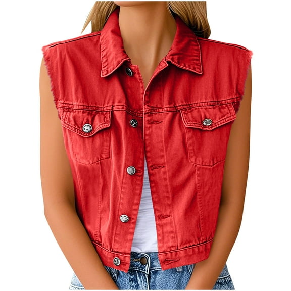 Hueook Women Vest Women's Solid Color Button Turndown Collar Tank Top Sleeveless Slim Tank Waistcoat Casual Tops Red 2X