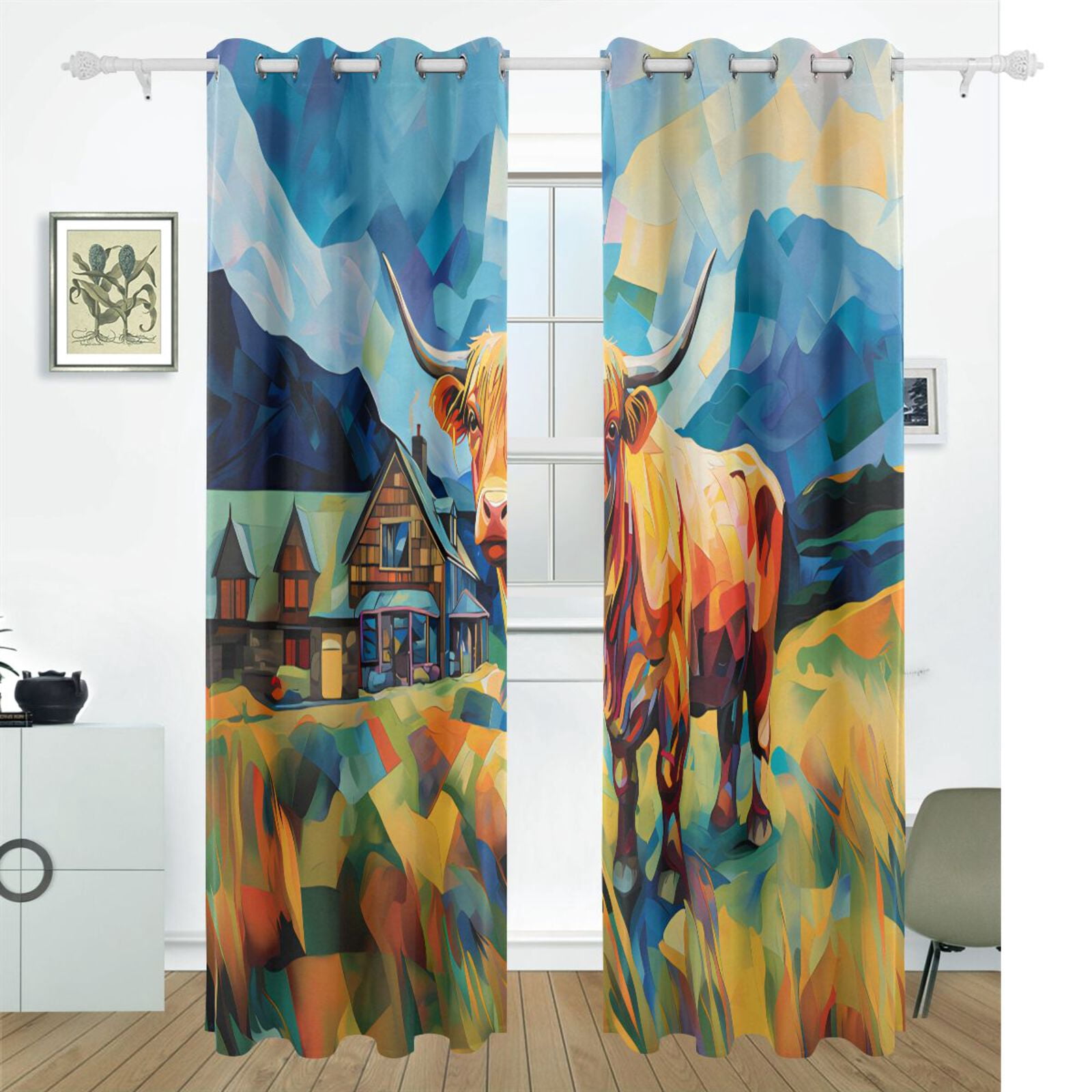 Cow Mountains Grass Houses Black Out Curtains 72 Inch Length Curtains for Sliding Glass Doors Bedroom Living Room 2 Pack