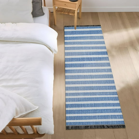 Blue and White Shirt Fabric Stripes Bedside Runner Rug 2'x 6' Non Slip Carpet Floor Mat Area Rug