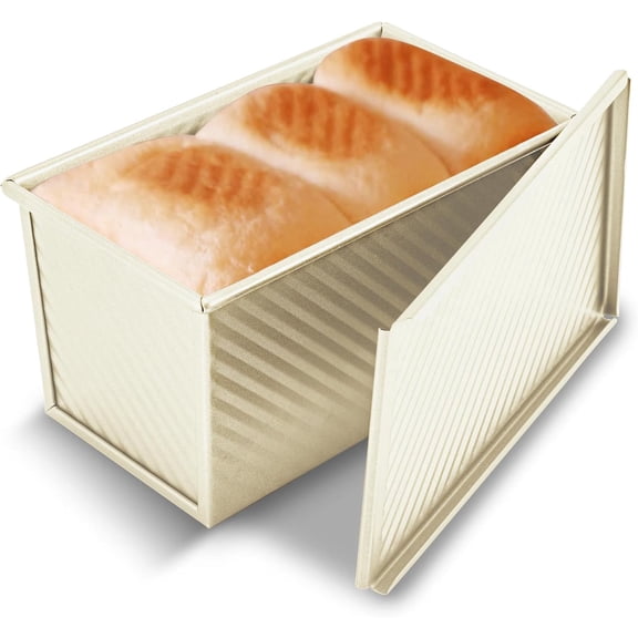 Pullman Loaf Pan with Lid, 1 lb Dough Capacity Non-Stick Bakeware for Baking Bread, Carbon Steel Corrugated Bread Toast Box Mold with Cover,Cream