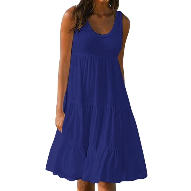 RXMEKW Robe Sans Manches pour Femmes, Robe de Plage Unie à Col Rond avec Jupe Fluide pour Vacances d'Été et Tenue Décontractée