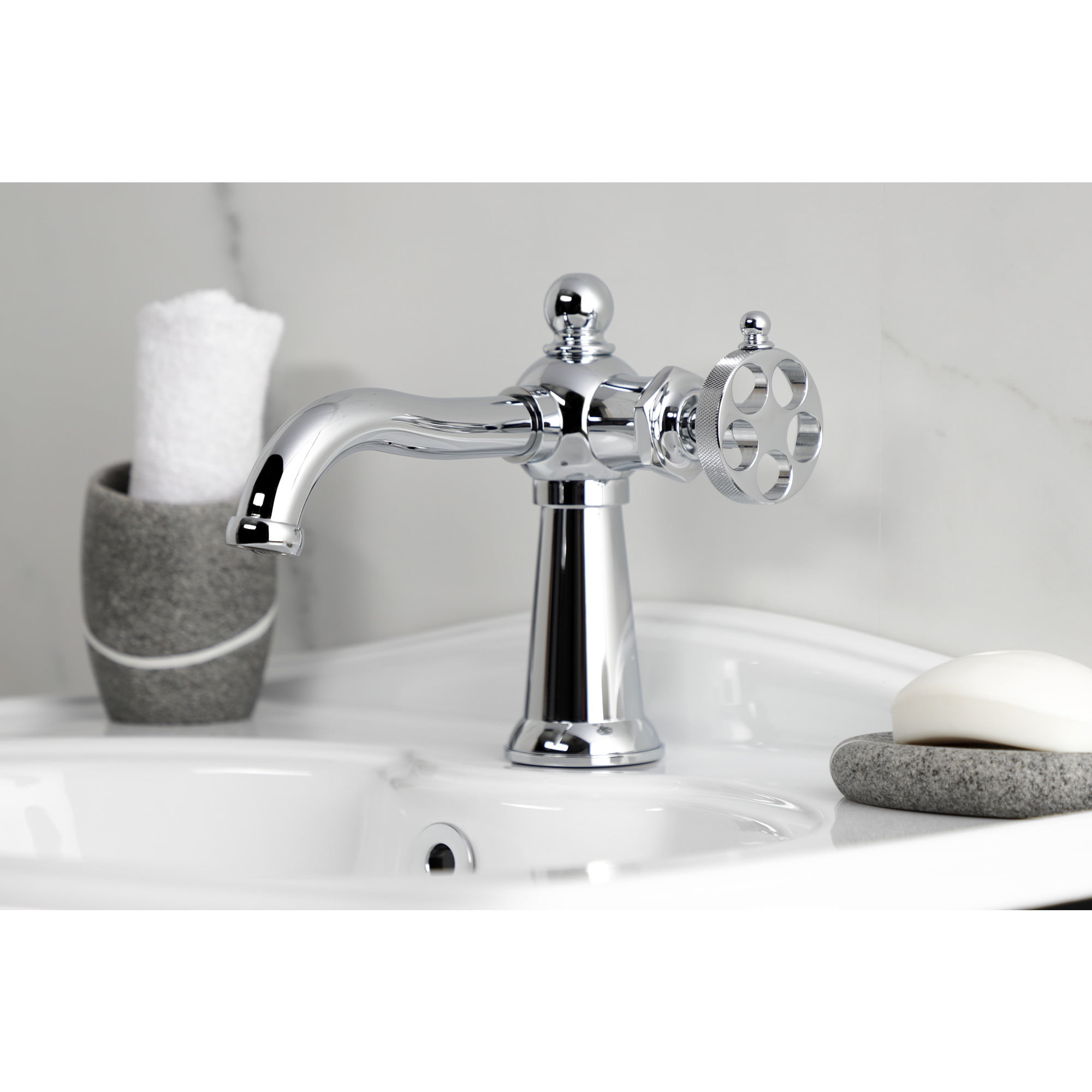 Kingston Brass KS3541RKZ Wendell One-Handle Single-Hole Bathroom Faucet with Knurled Handle and Push Pop-Up Drain, Polished Chrome
