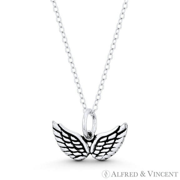 Angel's Wings w/ Feathers Charm Pendant & Chain Necklace in Oxidized .925 Sterling Silver