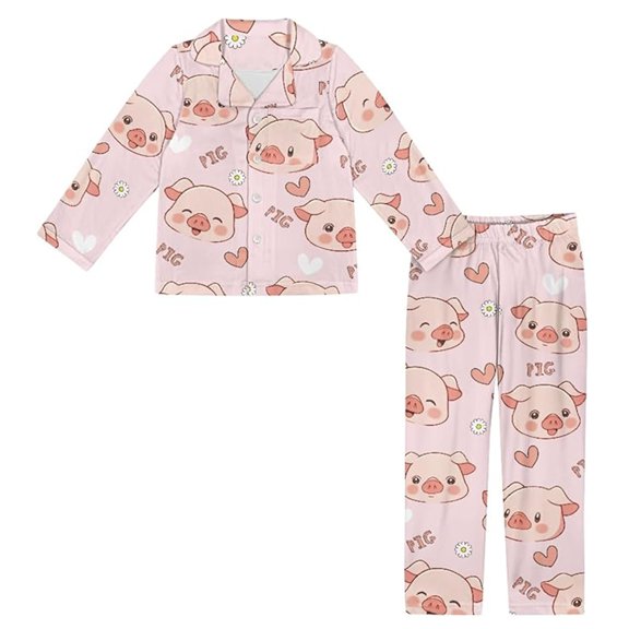 CAIVO Kids Girls Fashionable Comfortable Cartoon Pig Printed 2 Piece Pajama Sets Lapel Long Sleeve Button Down Shirt With Pants Loungewear
