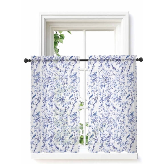 Blue Botanical Curtains 45 Inch Length, Sheer Curtains for Bedroom Living Room Window Elegant Watercolor Botanical Birds Rod Pocket Voile Drapes Kitchen Curtains Small Half Window 52"x45" 2 Panels