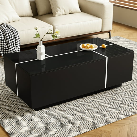 47" Extendable Coffee Table with 2 Drawers, Modern High-Gloss Finish Center Table with 2 Hidden Storage Space for Living Room, Black